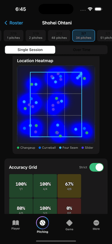 Chart every bullpen session from your phone.