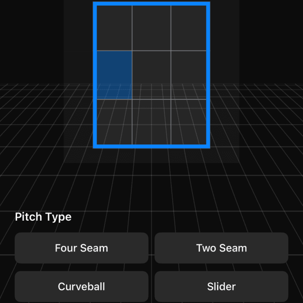 Rizzler pitch calling interface showing pitch type selection and target location on the strike zone
