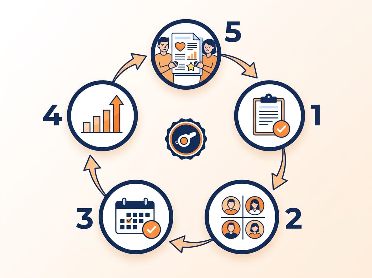 The season cycle Rizzler runs for a soccer team: tryouts, roster, schedule with RSVP, player development, and parent progress reports