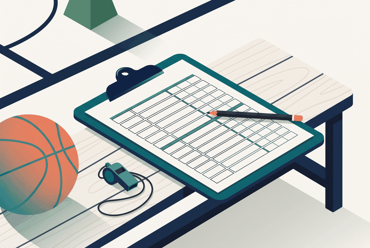 Blank basketball practice plan template on a clipboard with a pencil, whistle, and ball beside a gym bench