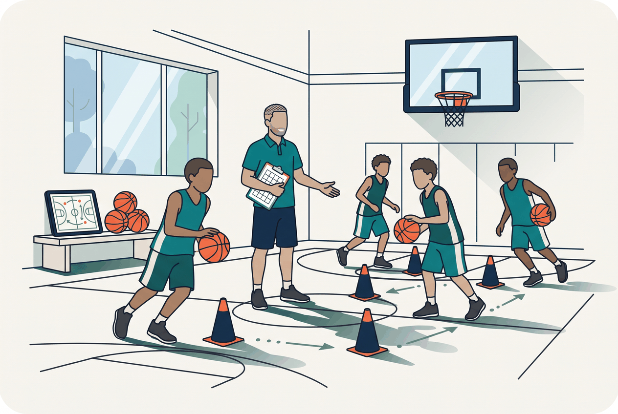 Youth basketball coach holding a clipboard with a timed practice plan while players run a ball handling circuit at three baskets