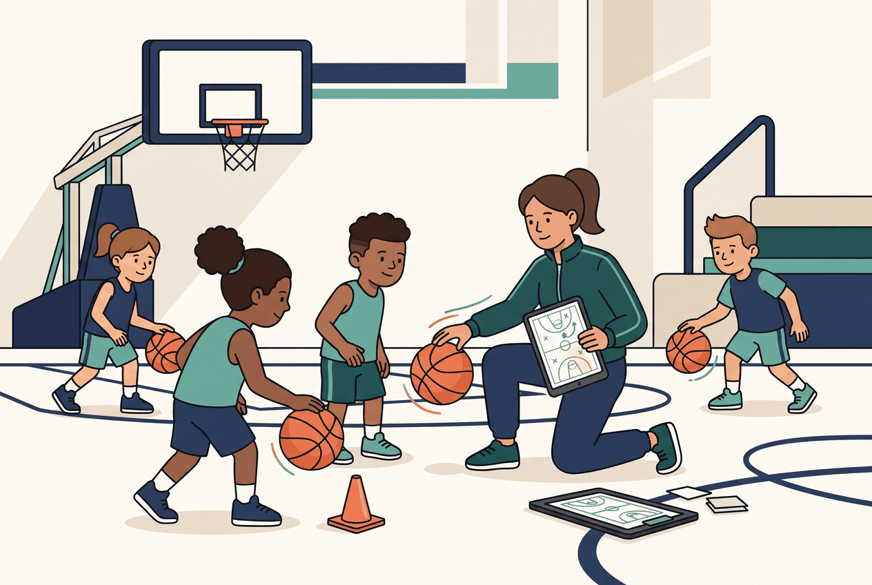 Young basketball players each dribbling their own ball on a gym floor while a coach kneels to demonstrate a crossover