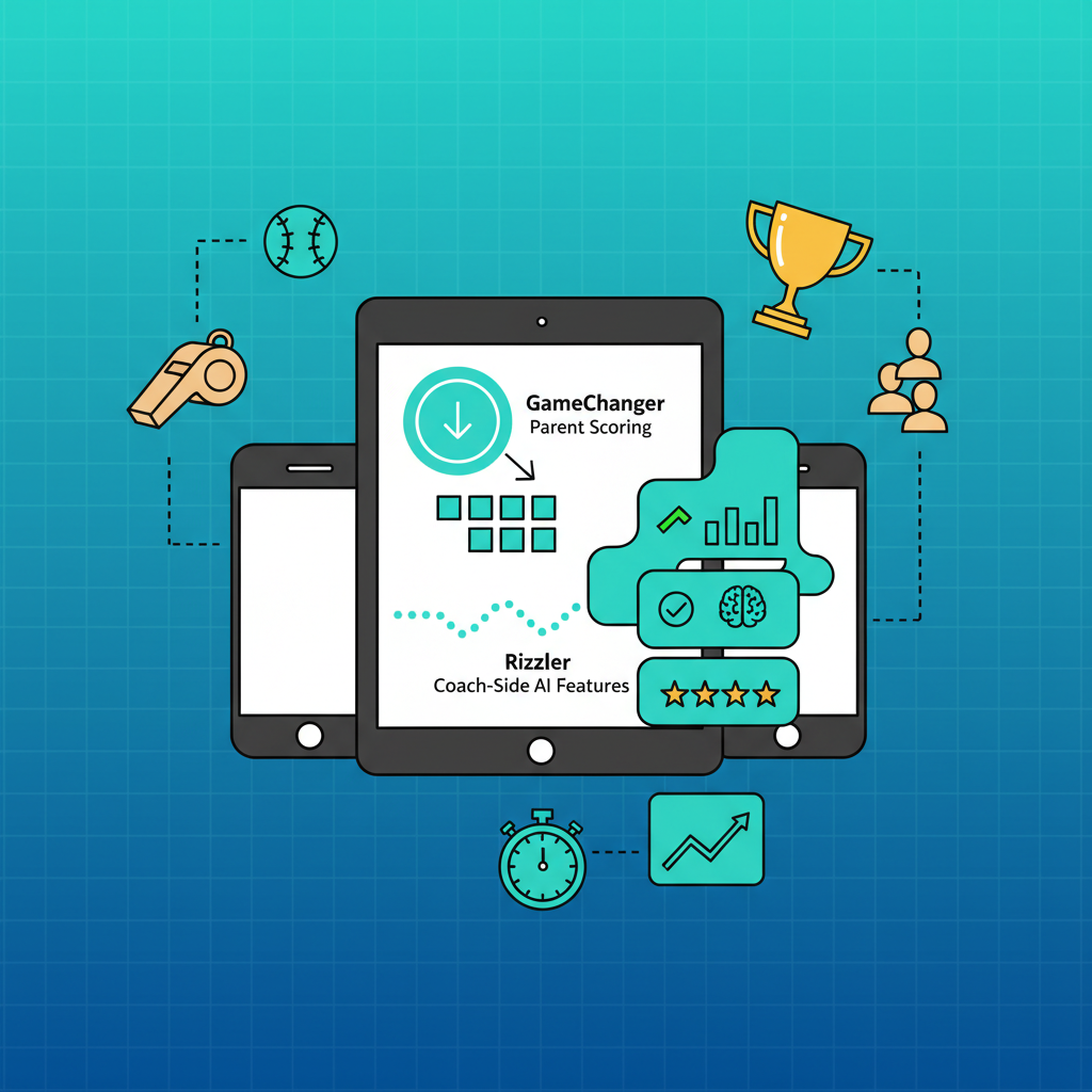 Diagram showing how stats flow from GameChanger parent scoring to Rizzler coach-side AI features