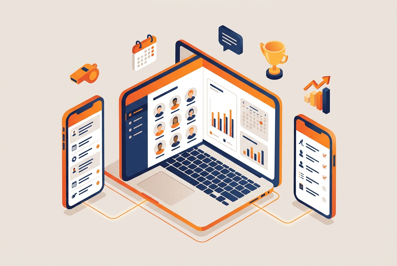 One sports team management app on laptop and phones: roster, schedule, drills, and team communication connected