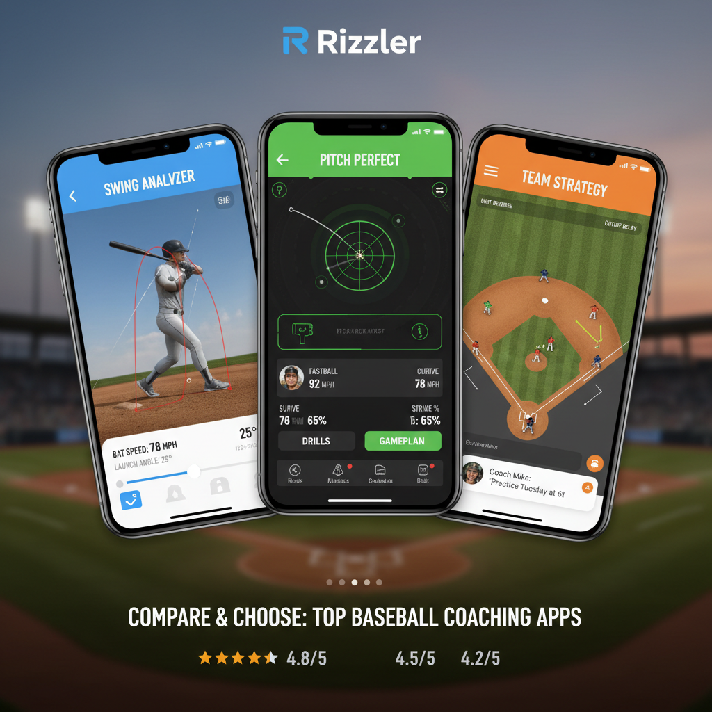 Side-by-side comparison of multiple baseball coaching app interfaces on smartphones