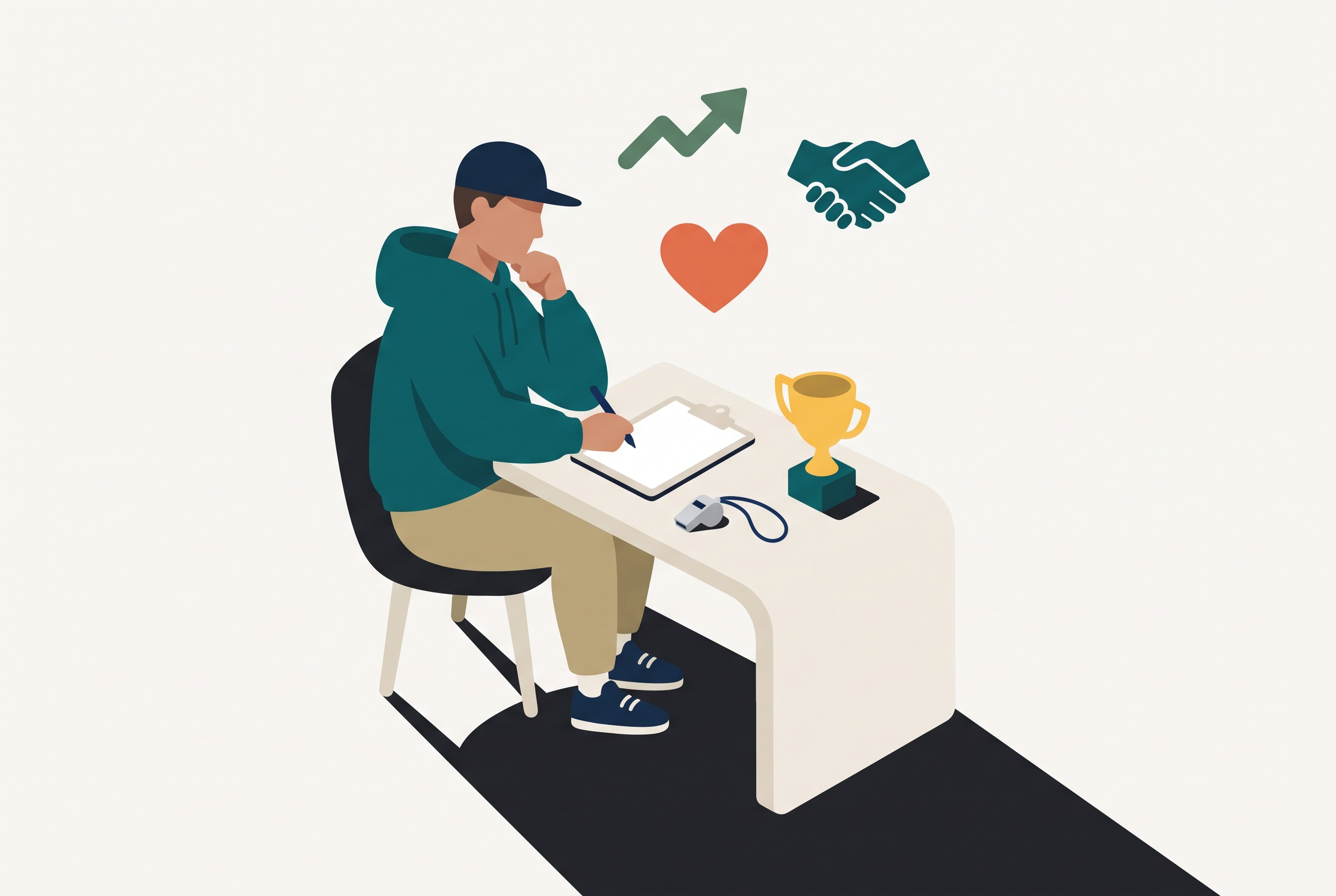 A youth sports coach writing a one-page coaching philosophy with core values and decision rules
