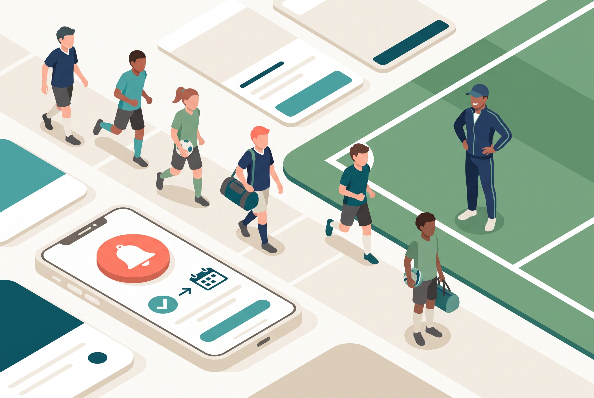 A full youth sports team arriving on time to practice with an RSVP reminder on a phone