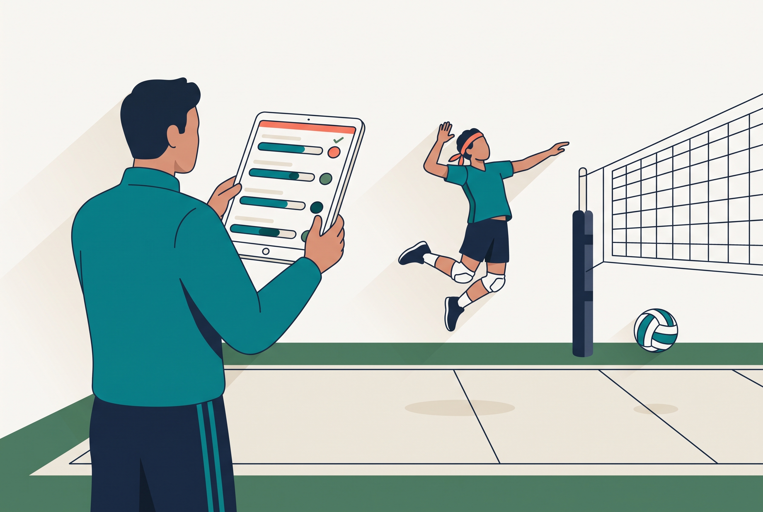 Volleyball coach scoring a player evaluation form on a tablet courtside during a tryout
