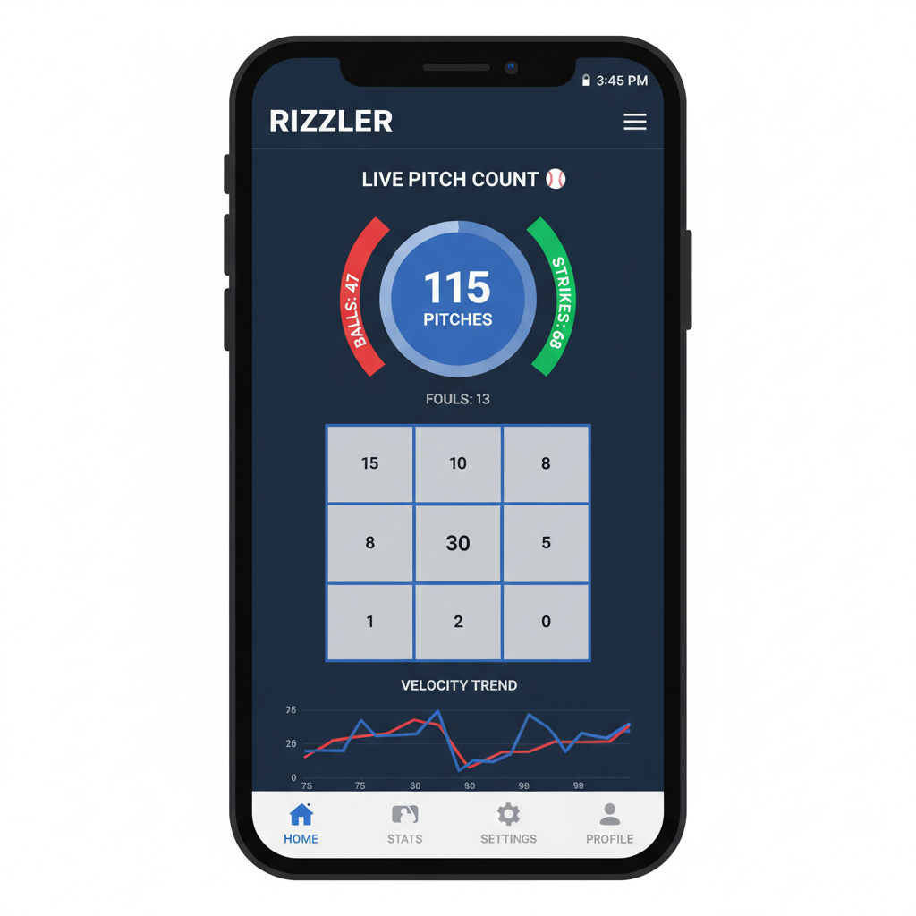 Rizzler iOS app pitch counting view showing a live pitch count with strike zone chart