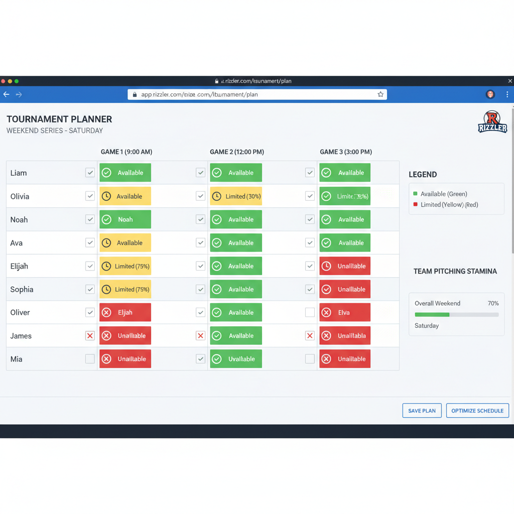 Rizzler web app tournament planning view showing pitcher availability across a three-game Saturday
