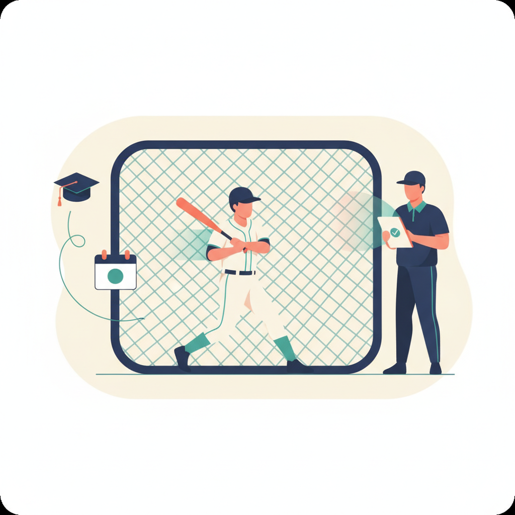 High school baseball showcase with a scout holding a tablet beside calendar and graduation motifs