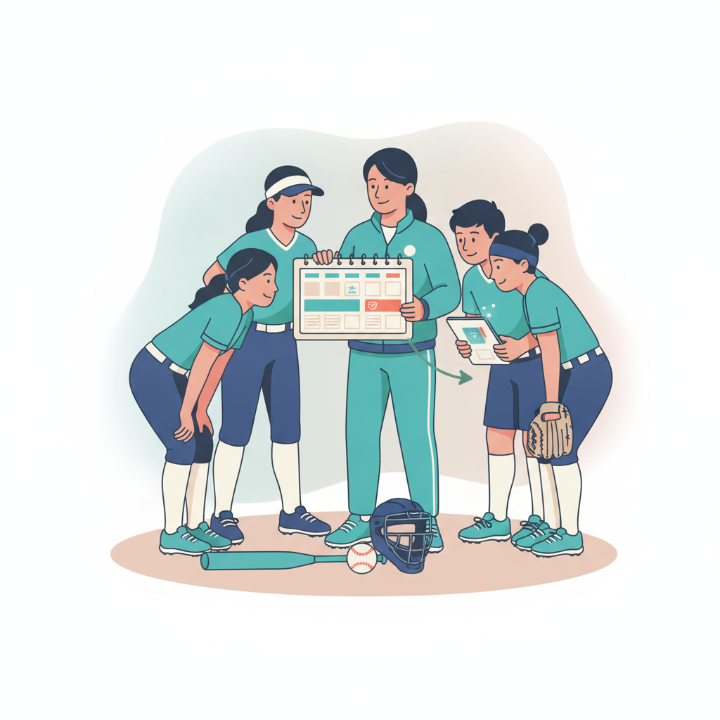 Fastpitch softball team huddle around a coach showing a calendar board with two highlighted months
