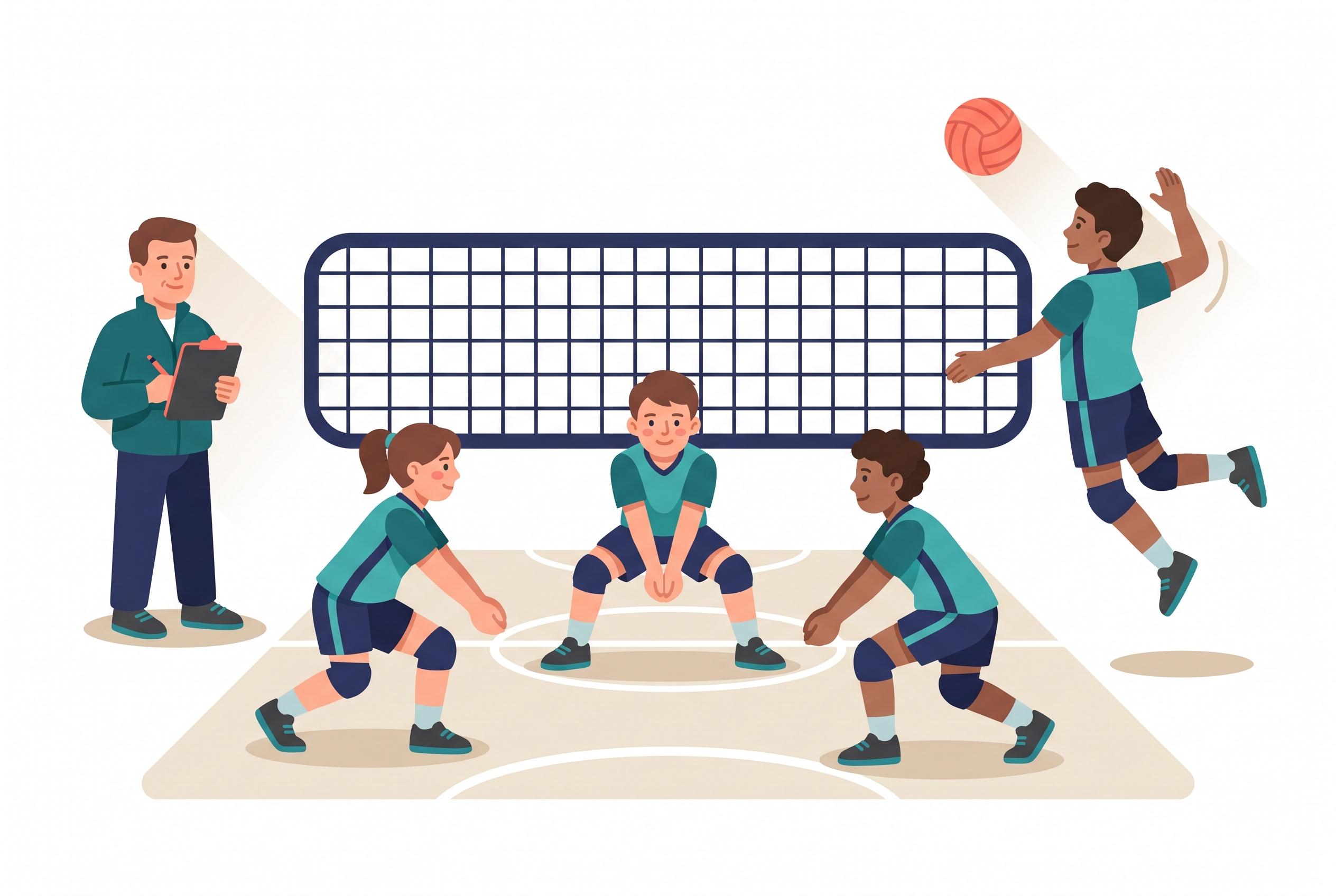 Middle school volleyball team running a serve receive drill while a coach watches from the sideline