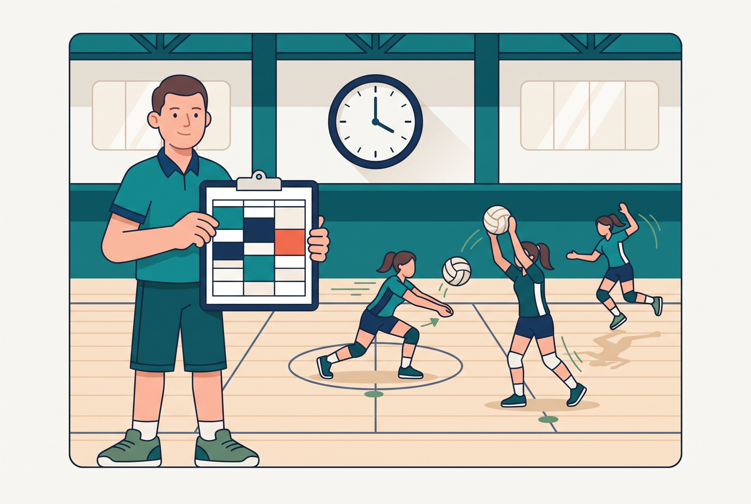 Volleyball coach's practice plan on a clipboard with timed blocks beside a court of players mid-drill