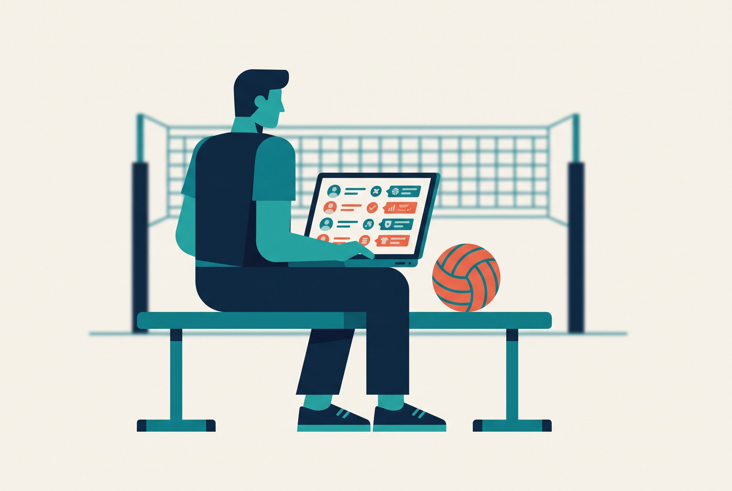 Volleyball coach reviewing a team roster on a laptop with player positions and jersey numbers visible