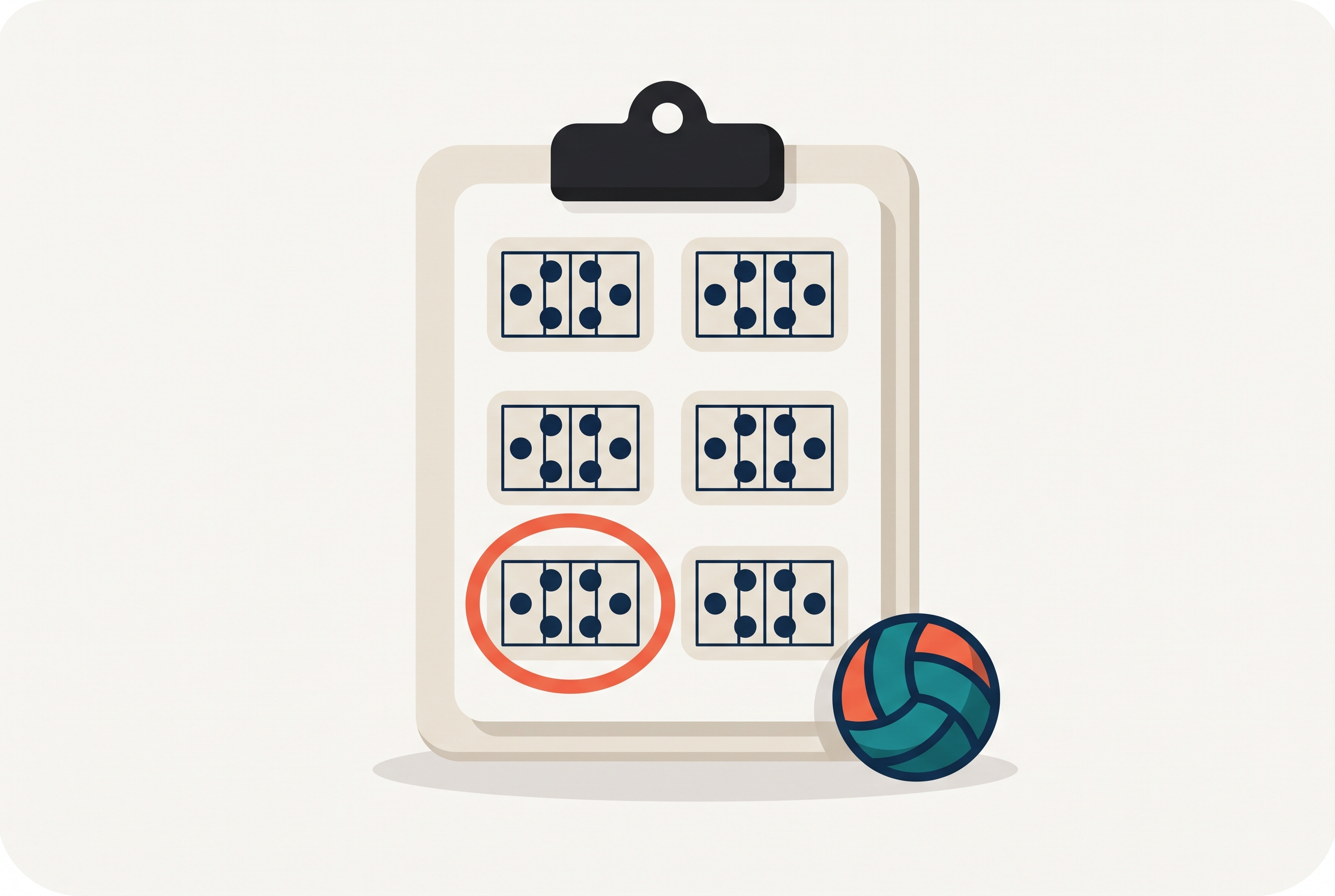 Printed volleyball rotation sheet on a clipboard showing six small court diagrams