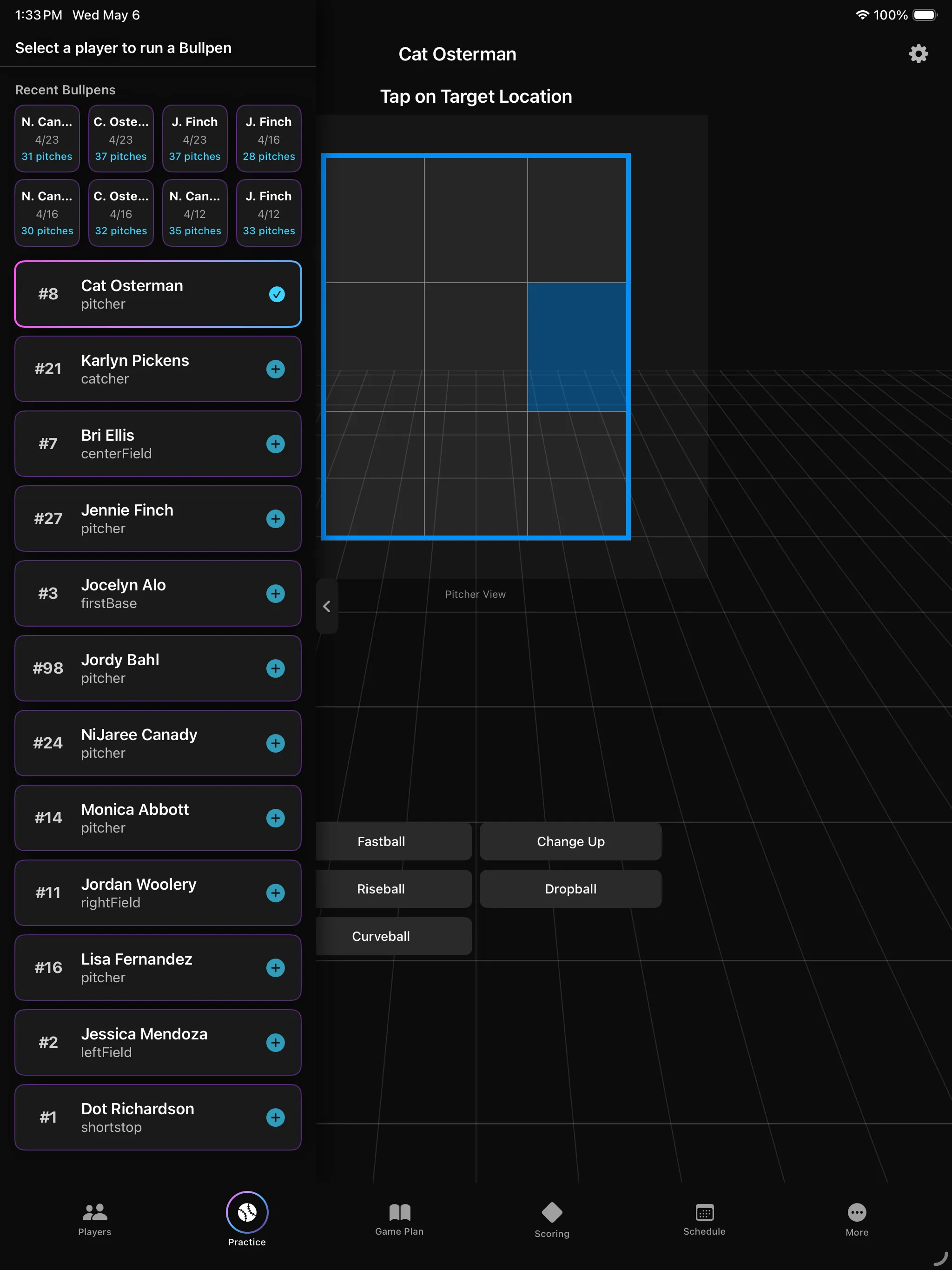 Rizzler iOS bullpen charting screen showing a 12-pitch strike zone for pitcher Marcus Kim with command-zone analysis.