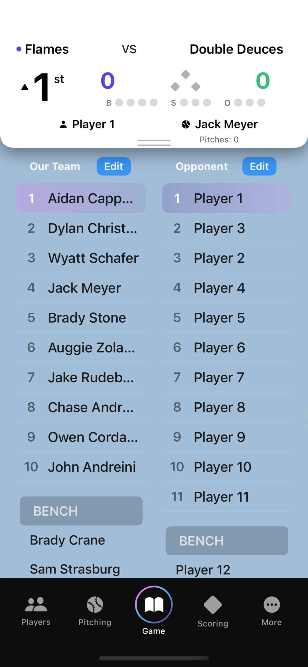 Rizzler iOS lineup card for Saturday vs Rebels with the current batter highlighted.