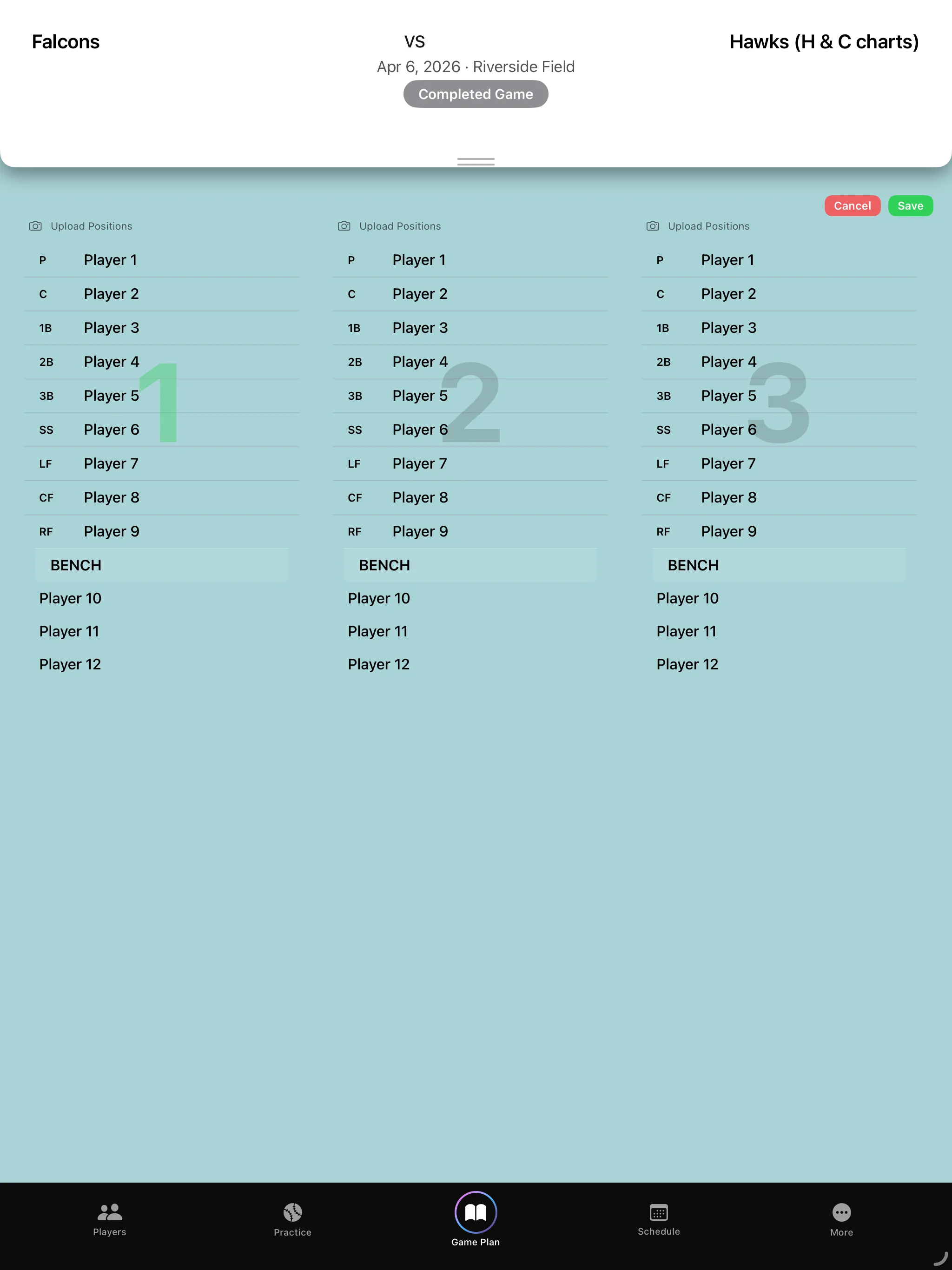 Rizzler iPad in-dugout field view showing simplified position assignments.