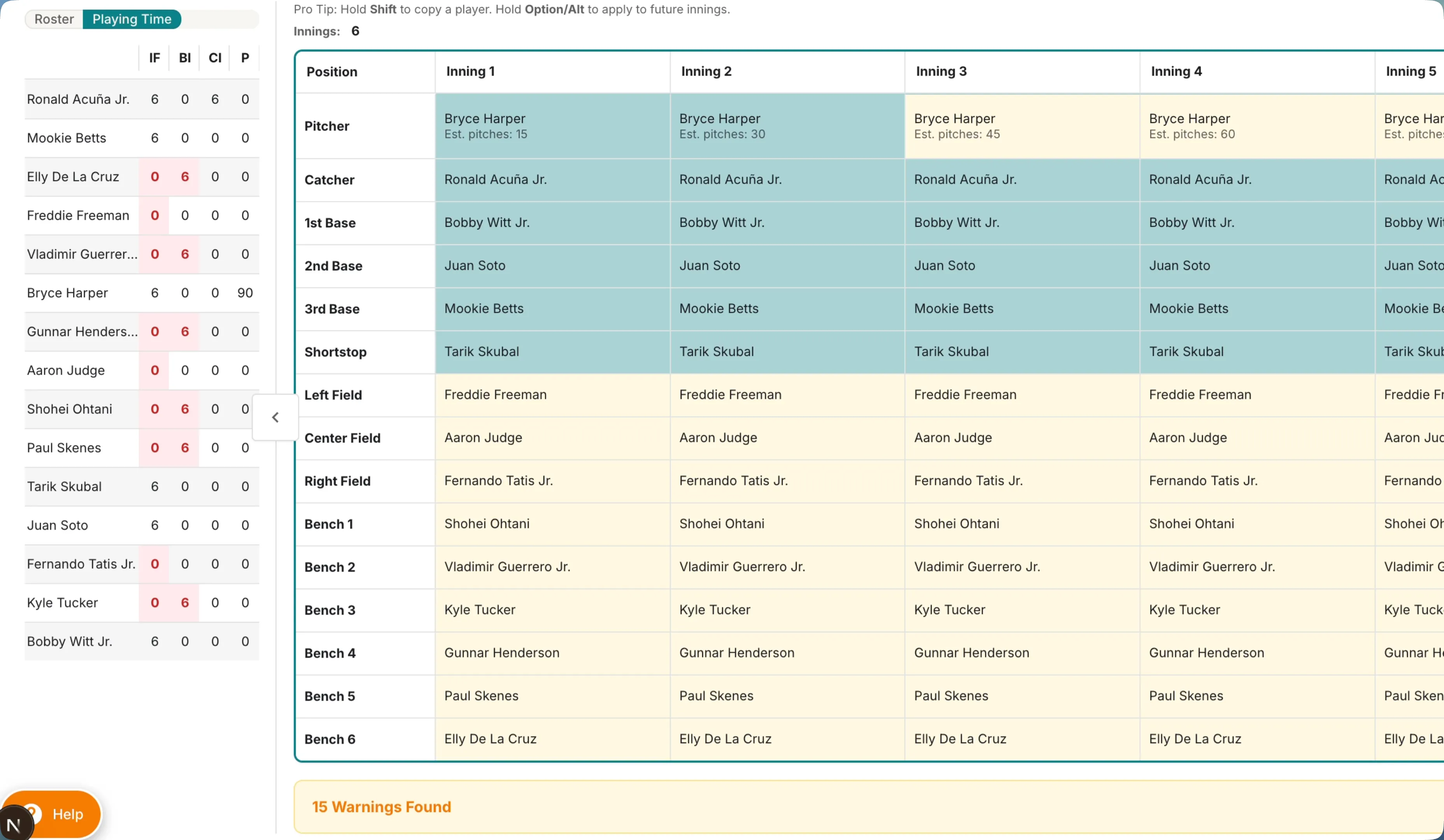 Rizzler AI fielding positions screen with field diamond, inning rotation list, and playing-time fairness alert.
