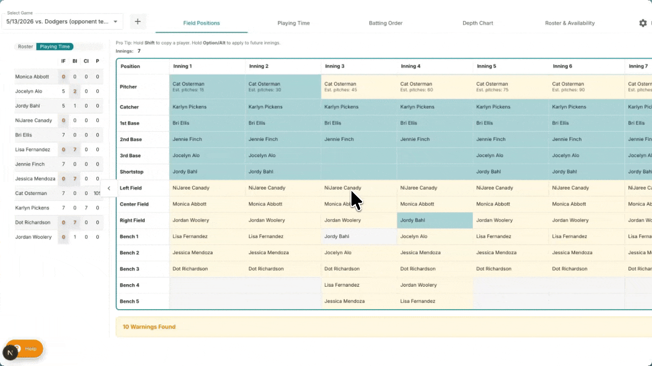 Rizzler game planning screen showing a drag-and-drop batting order with a player mid-drag and a rule compliance confirmation toast.