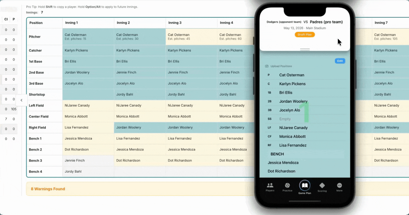 Three devices showing the same team lineup with multiple coach cursors editing in real time.