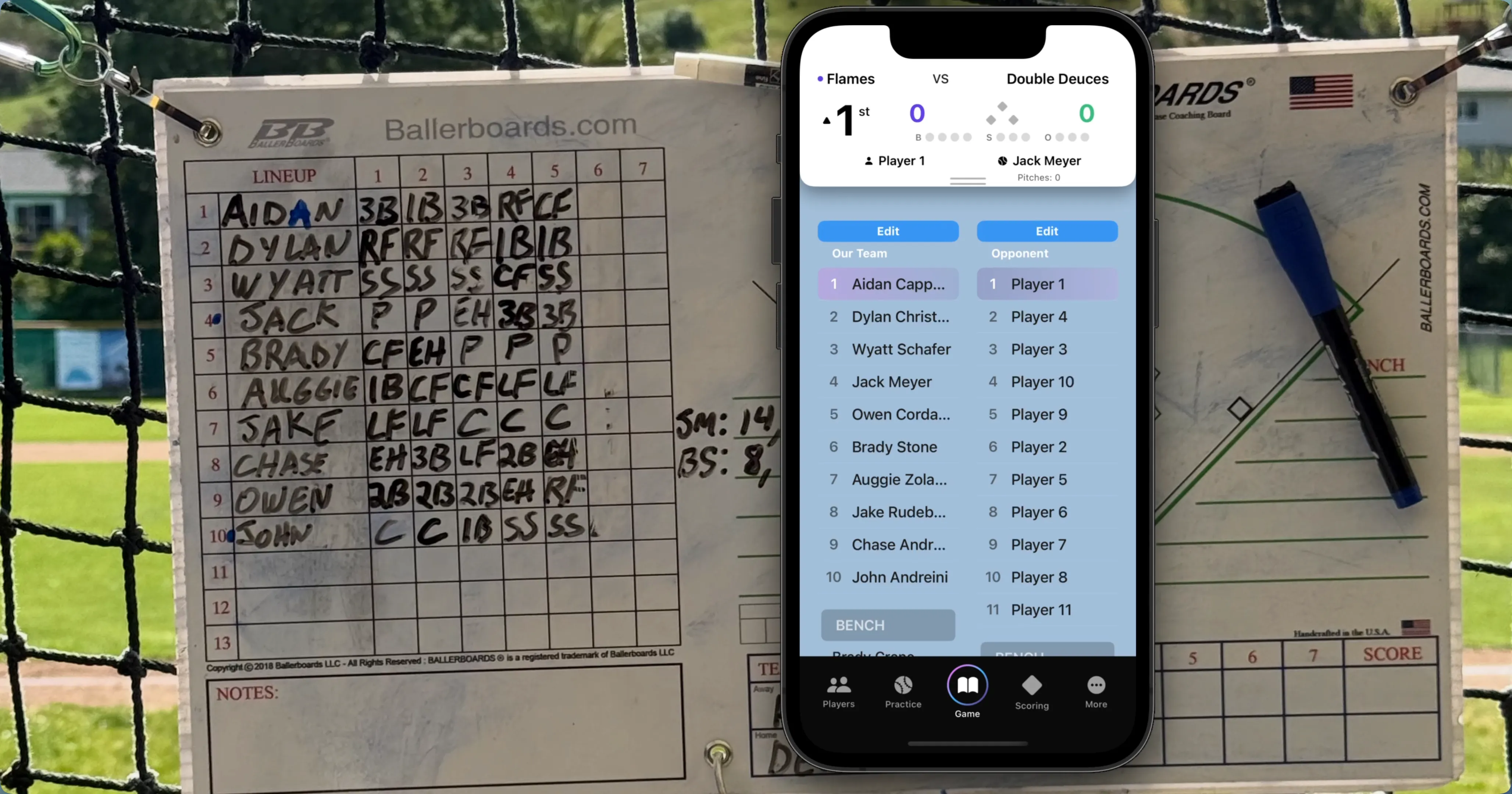iPhone scanning a handwritten lineup card with an animated scan line, producing a clean digital roster.