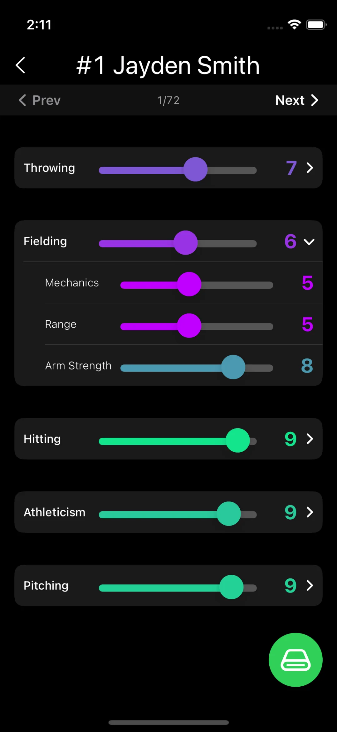 Rizzler iOS tryout station scoring screen showing a player profile with per-skill rating sliders at the HITTING station.