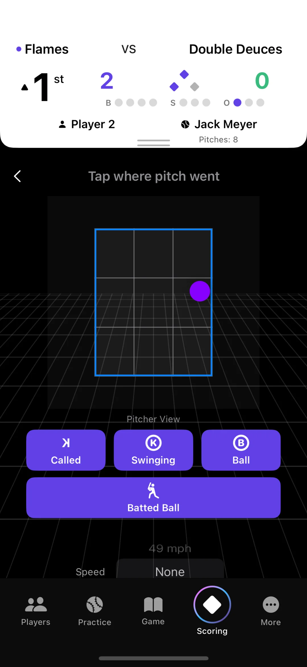 iPhone in-game pitch chart view